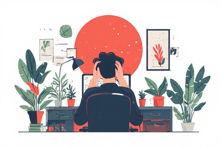 Tradesperson stressed at desk surrounded by paperwork and spreadsheets